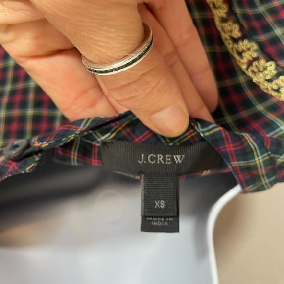 J. Crew Plaid Peasant Blouse Gold Braid Yoke Holiday Embroidered Top XS - Picture 8 of 11